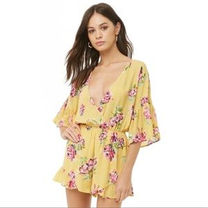 NEW Yellow/Pink Floral Print Surplice Trumpet Sleeve Romper
